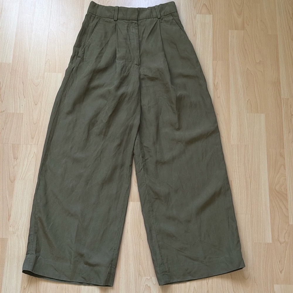 COS Army green linen blend high rise wide leg pant trousers, size US 6